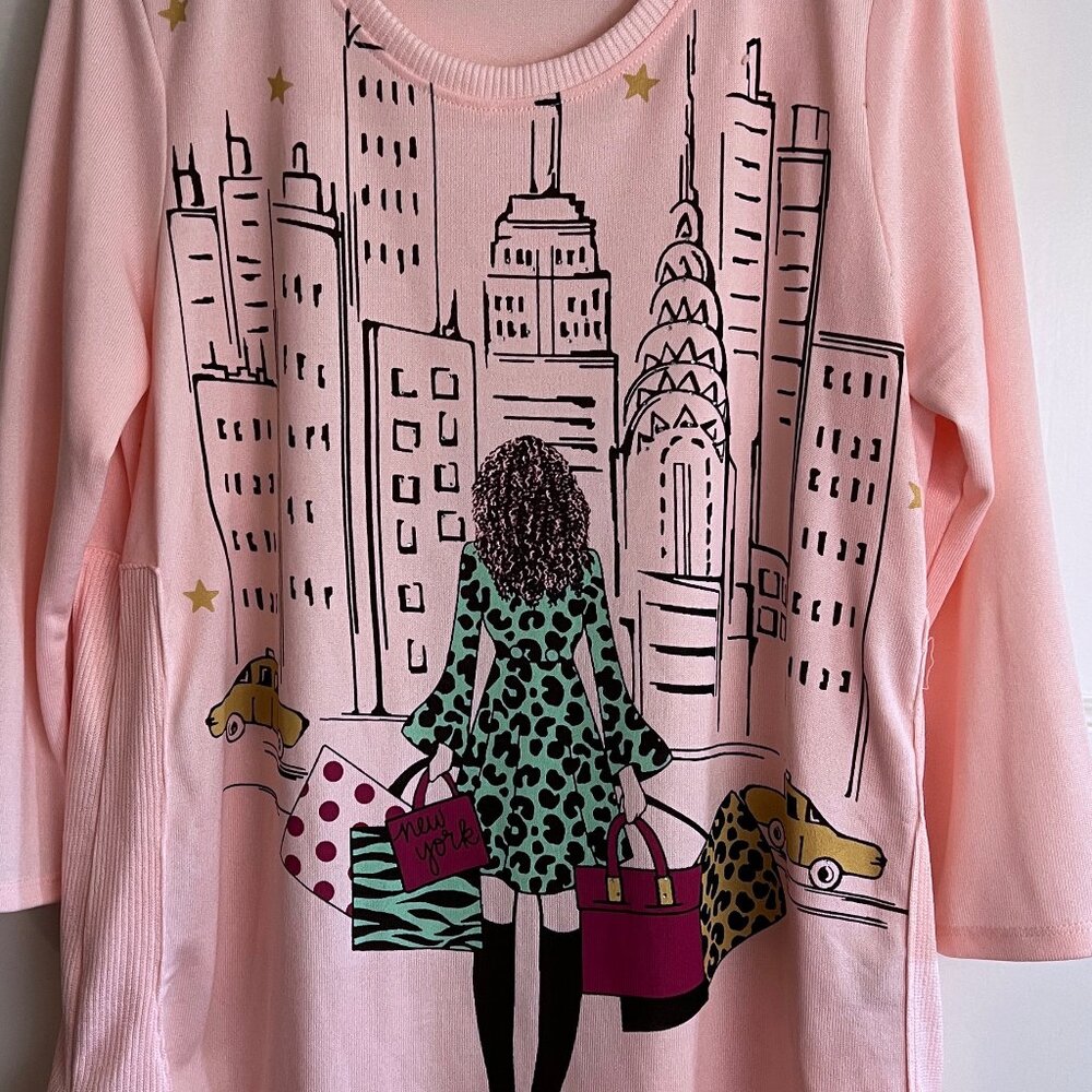 Mesh+Lace Vintage Y2K Bohemian Shirt L Rhinestones 3/4 Sleeves & Swoop Neck Pink